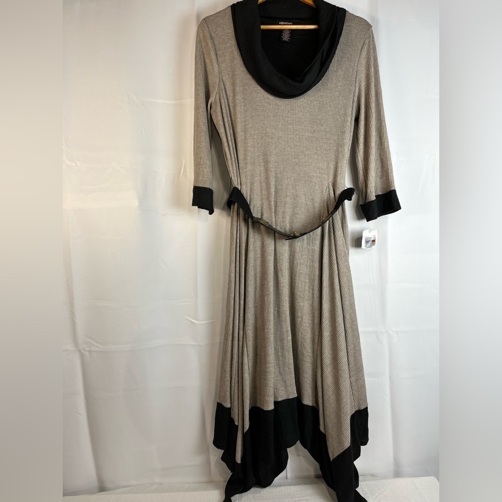 Signature By Bobbie Bee Womens Beige Black Belted Asymmetrical Hem Dress XL NWT